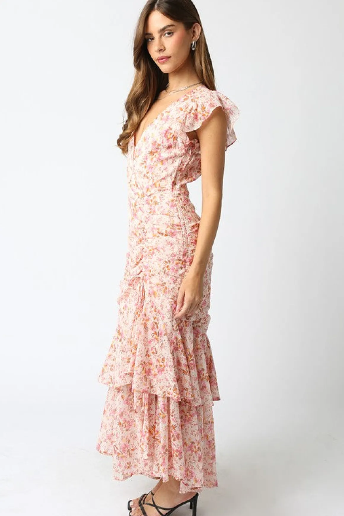 Carolina Short Sleeve Floral Print Shirred Maxi Dress Pink