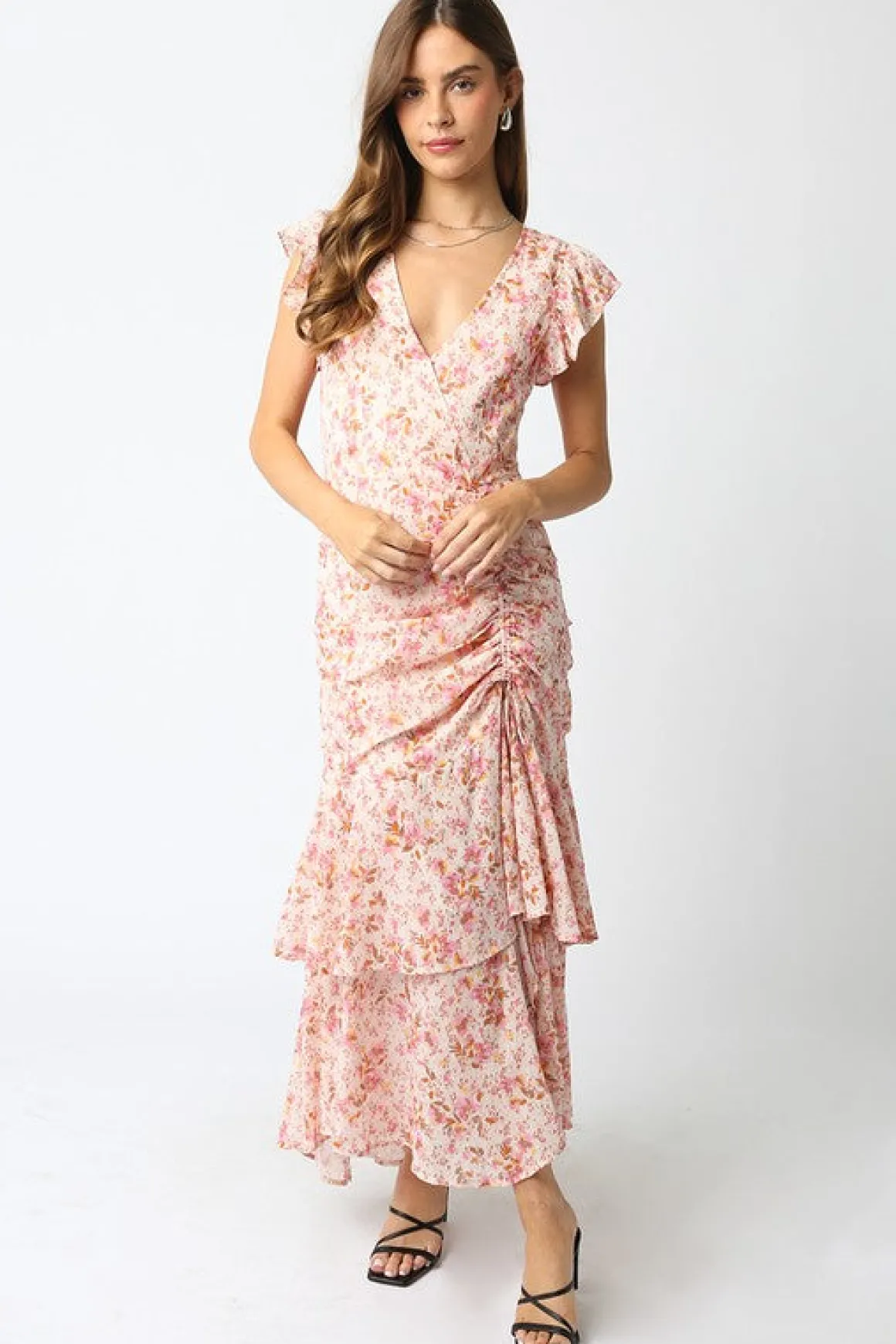 Carolina Short Sleeve Floral Print Shirred Maxi Dress Pink