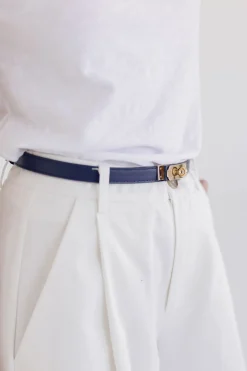 Carrie Faux Leather Twist Lock Skinny Belt Navy