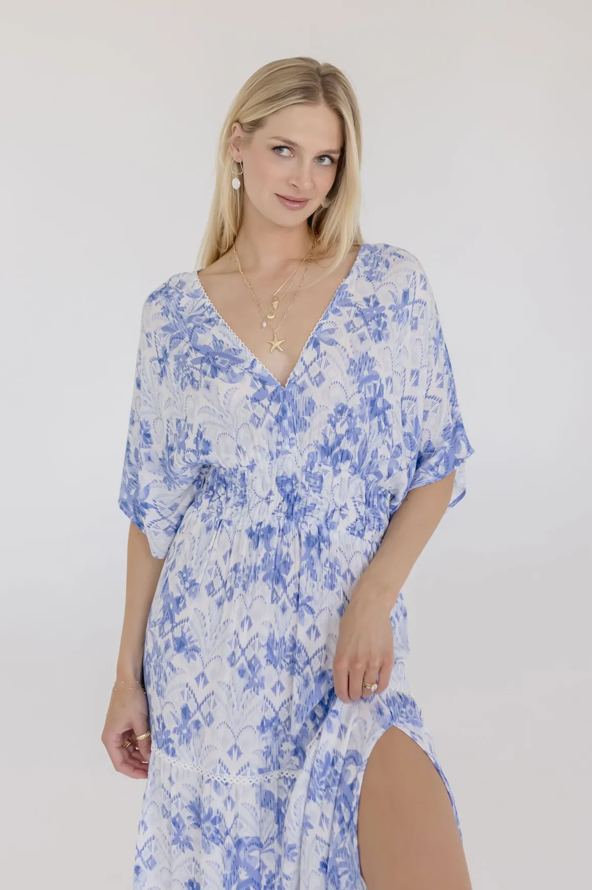 Cecily Kimono Sleeve Floral Print Maxi Dress Blue