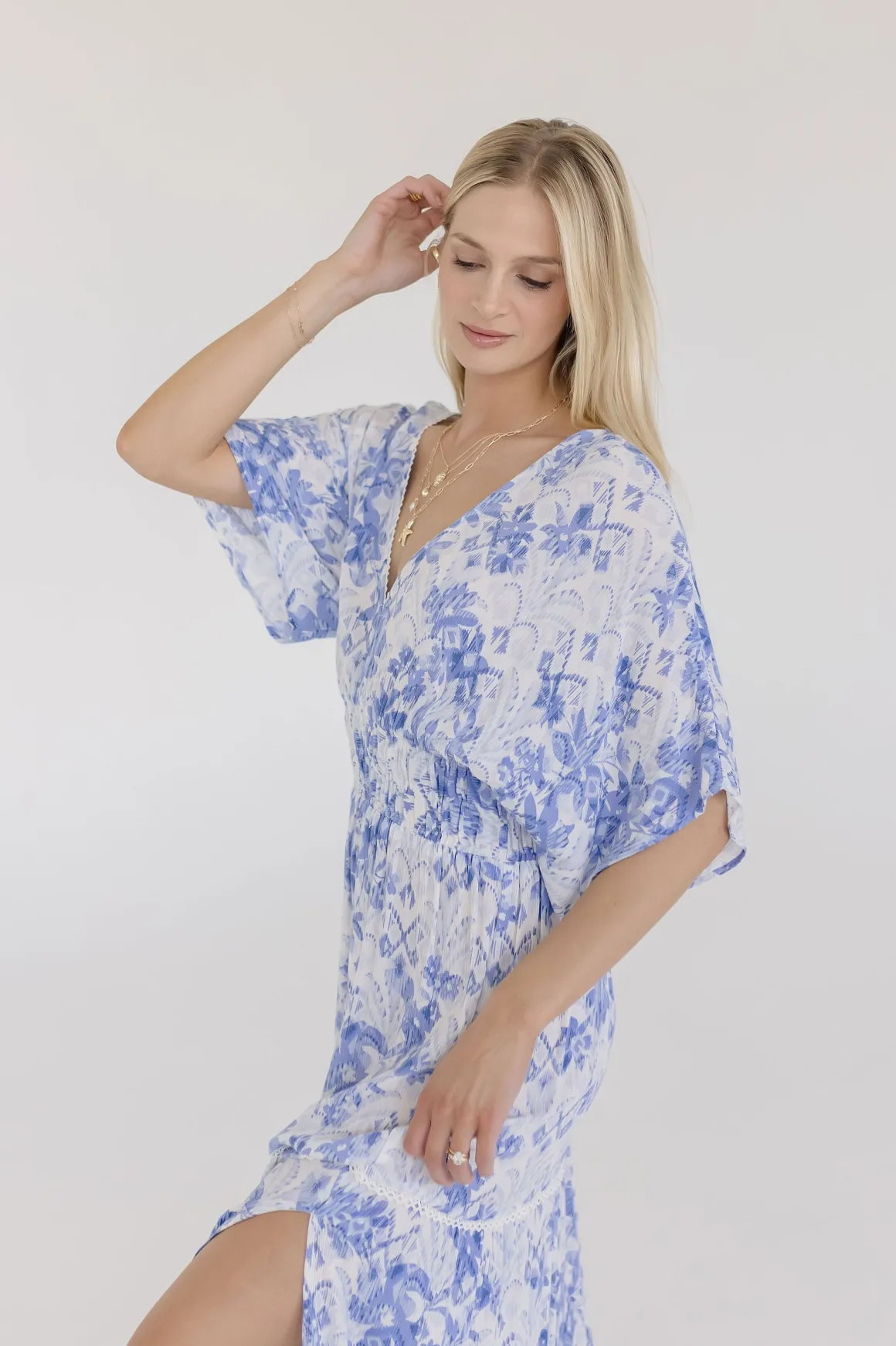 Cecily Kimono Sleeve Floral Print Maxi Dress Blue