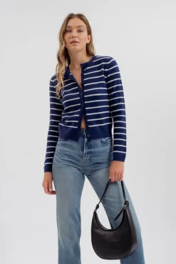 Chandler Long Sleeve Button Down Stripe Print Cardigan Navy