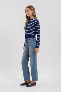 Chandler Long Sleeve Button Down Stripe Print Cardigan Navy