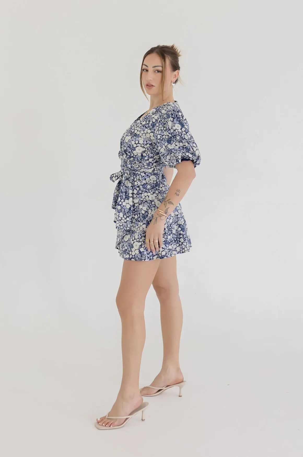 Charlie Short Puff Sleeve Floral Print Wrap Mini Dress Navy