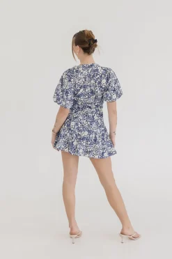 Charlie Short Puff Sleeve Floral Print Wrap Mini Dress Navy