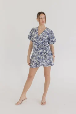 Charlie Short Puff Sleeve Floral Print Wrap Mini Dress Navy