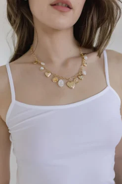 Cheyanne Heart Charm Pearl Pendant Necklace Gold