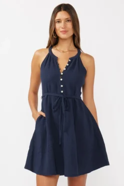 Clara Sleeveless Waist Tie Gauze Mini Dress Navy
