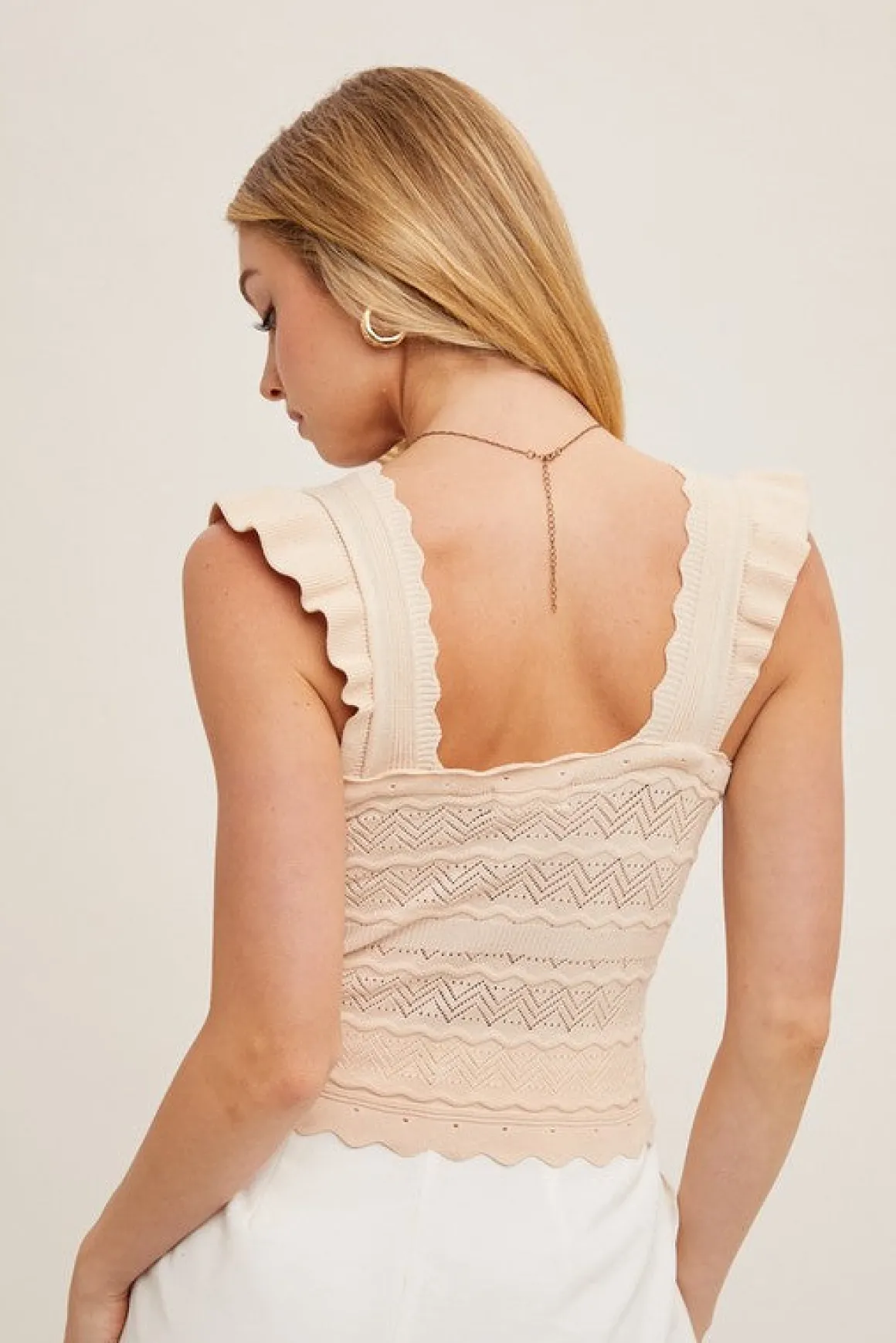 Cleo Flutter Sleeve Crochet Knit Sweater Top Beige