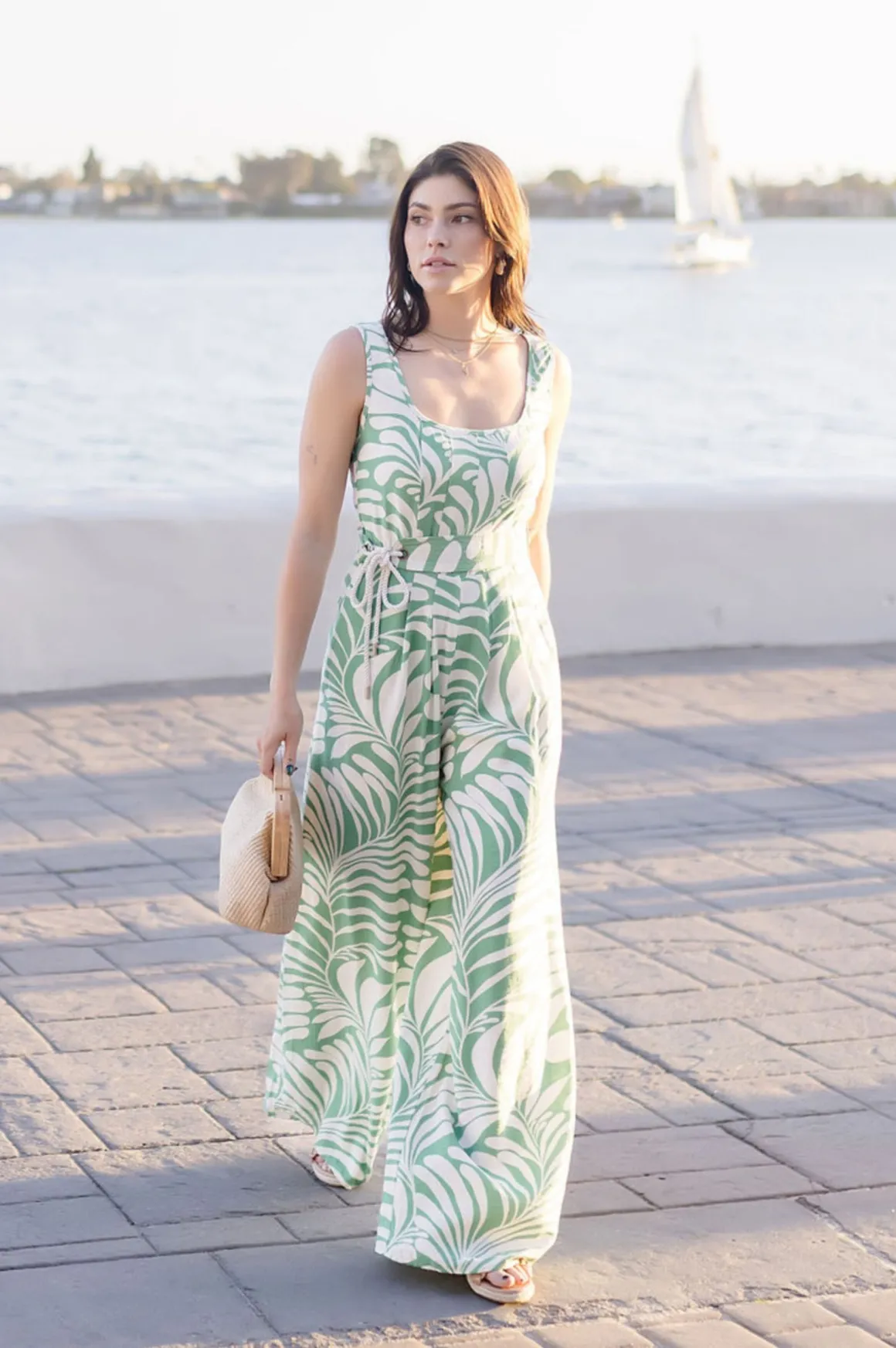 Coco Sleeveless Tropical Print Wide Leg Jumpsuit Green