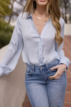 Colleen Long Sleeve Button Down Satin Top Blue