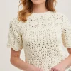 Dakota Short Sleeve Open Crochet Knit Sweater Top Cream