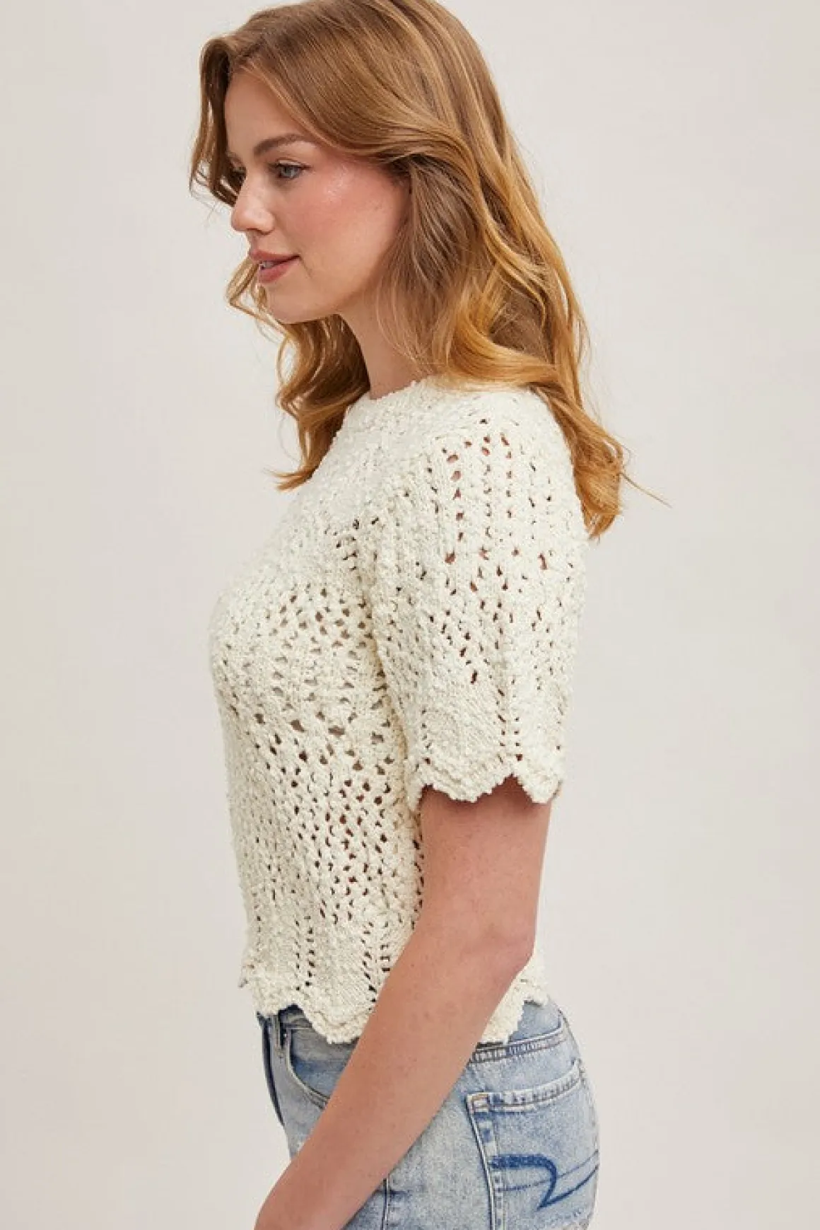 Dakota Short Sleeve Open Crochet Knit Sweater Top Cream