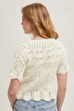 Dakota Short Sleeve Open Crochet Knit Sweater Top Cream