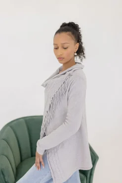 Dallas Long Sleeve Cowl Neck Fringe Cardigan Grey