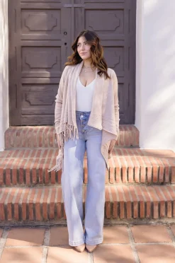 Dallas Long Sleeve Cowl Neck Fringe Cardigan Tan