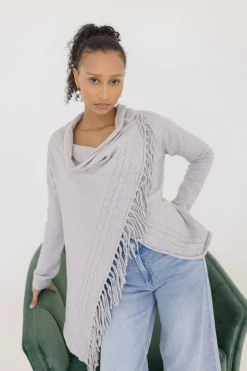 Dallas Long Sleeve Cowl Neck Fringe Cardigan Grey