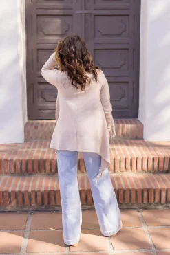 Dallas Long Sleeve Cowl Neck Fringe Cardigan Tan