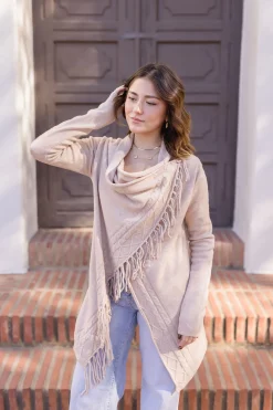 Dallas Long Sleeve Cowl Neck Fringe Cardigan Tan