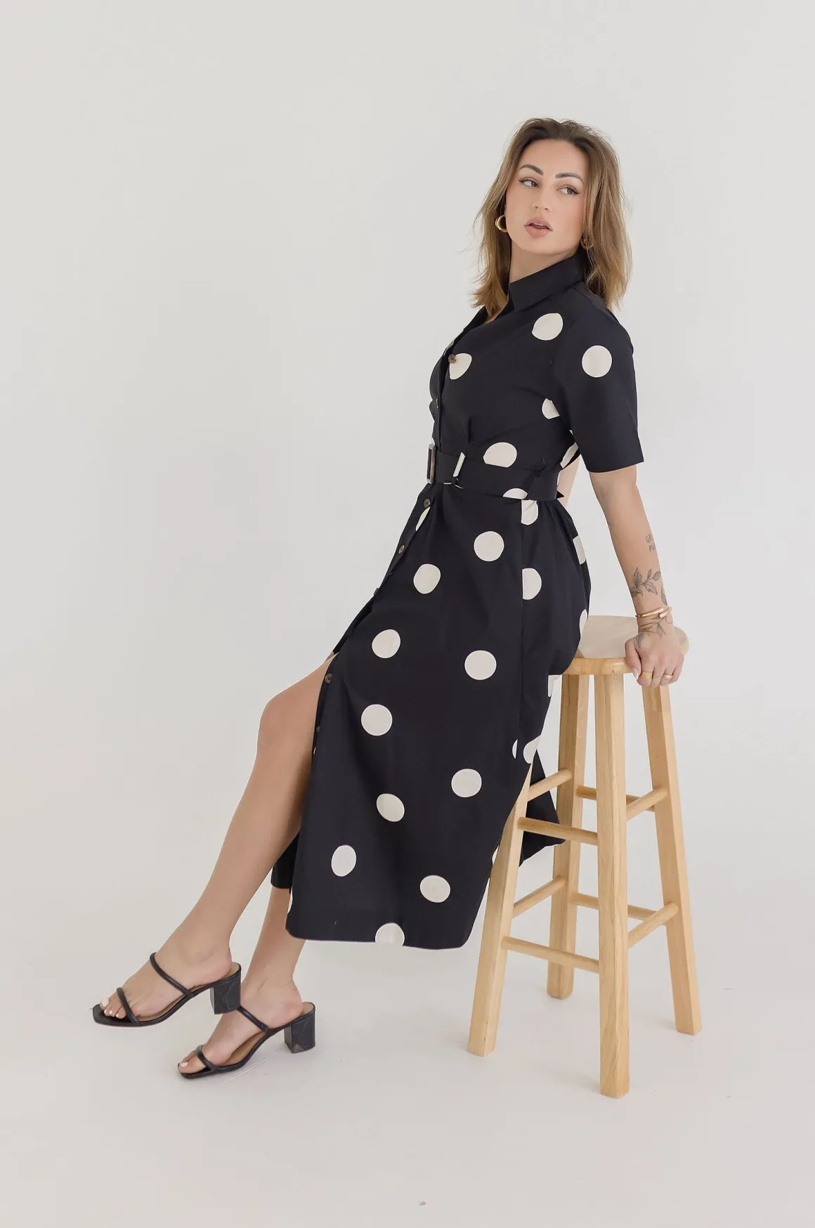 Dani Short Sleeve Belted Polka Dot Print Midi Dress Black
