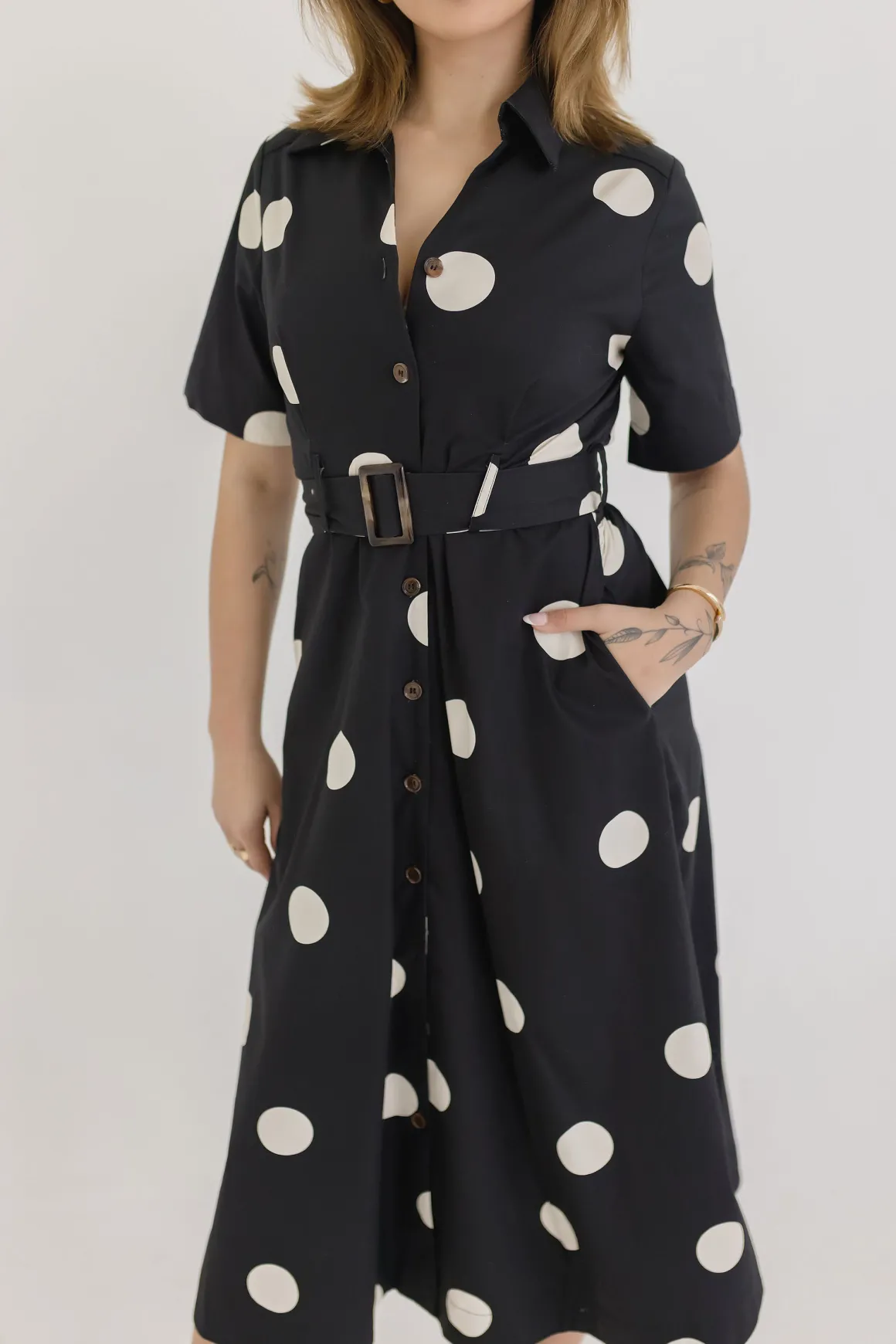 Dani Short Sleeve Belted Polka Dot Print Midi Dress Black
