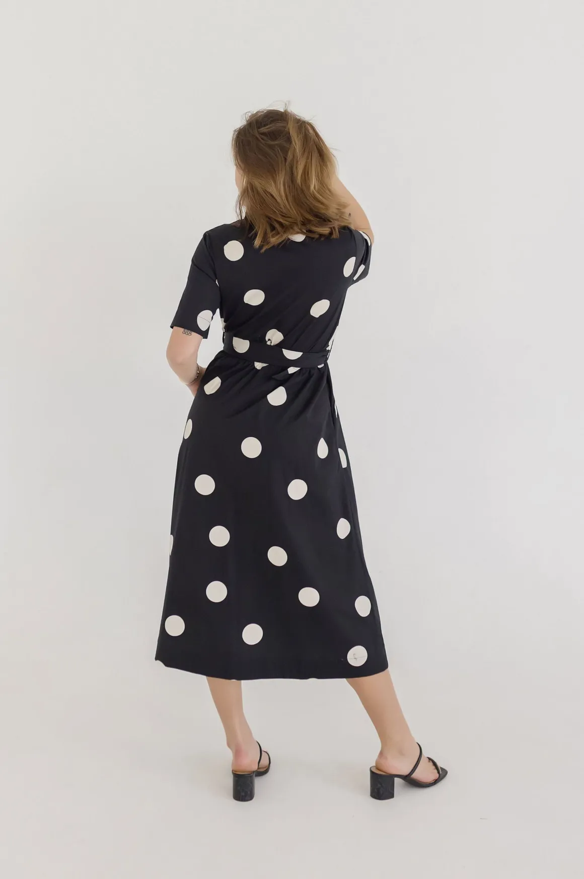 Dani Short Sleeve Belted Polka Dot Print Midi Dress Black