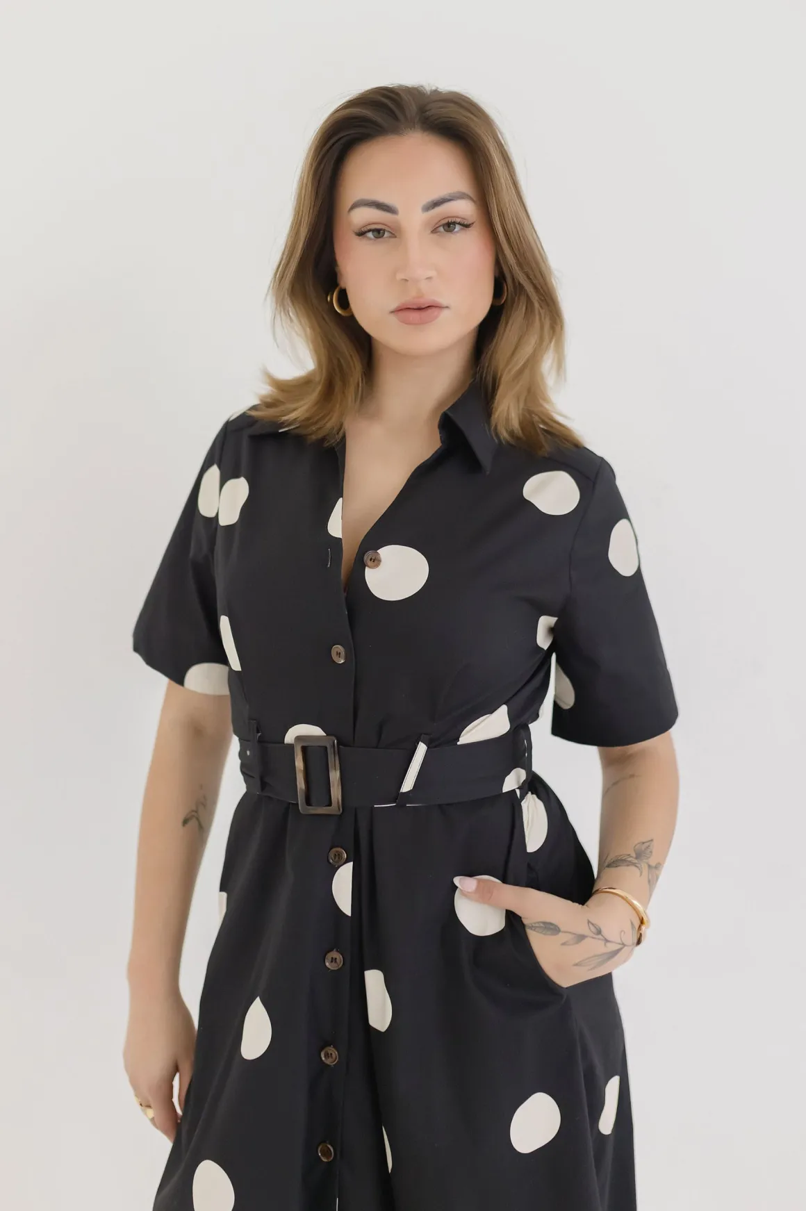 Dani Short Sleeve Belted Polka Dot Print Midi Dress Black