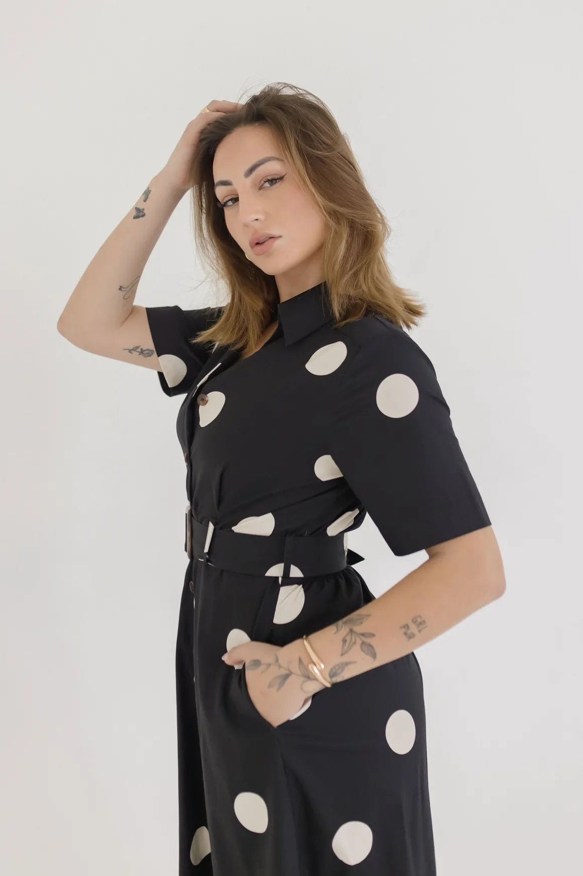 Dani Short Sleeve Belted Polka Dot Print Midi Dress Black