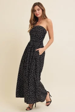 Darcy Sleeveless Ruched Polka Dot Print Maxi Dress Black