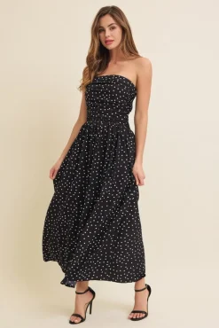 Darcy Sleeveless Ruched Polka Dot Print Maxi Dress Black