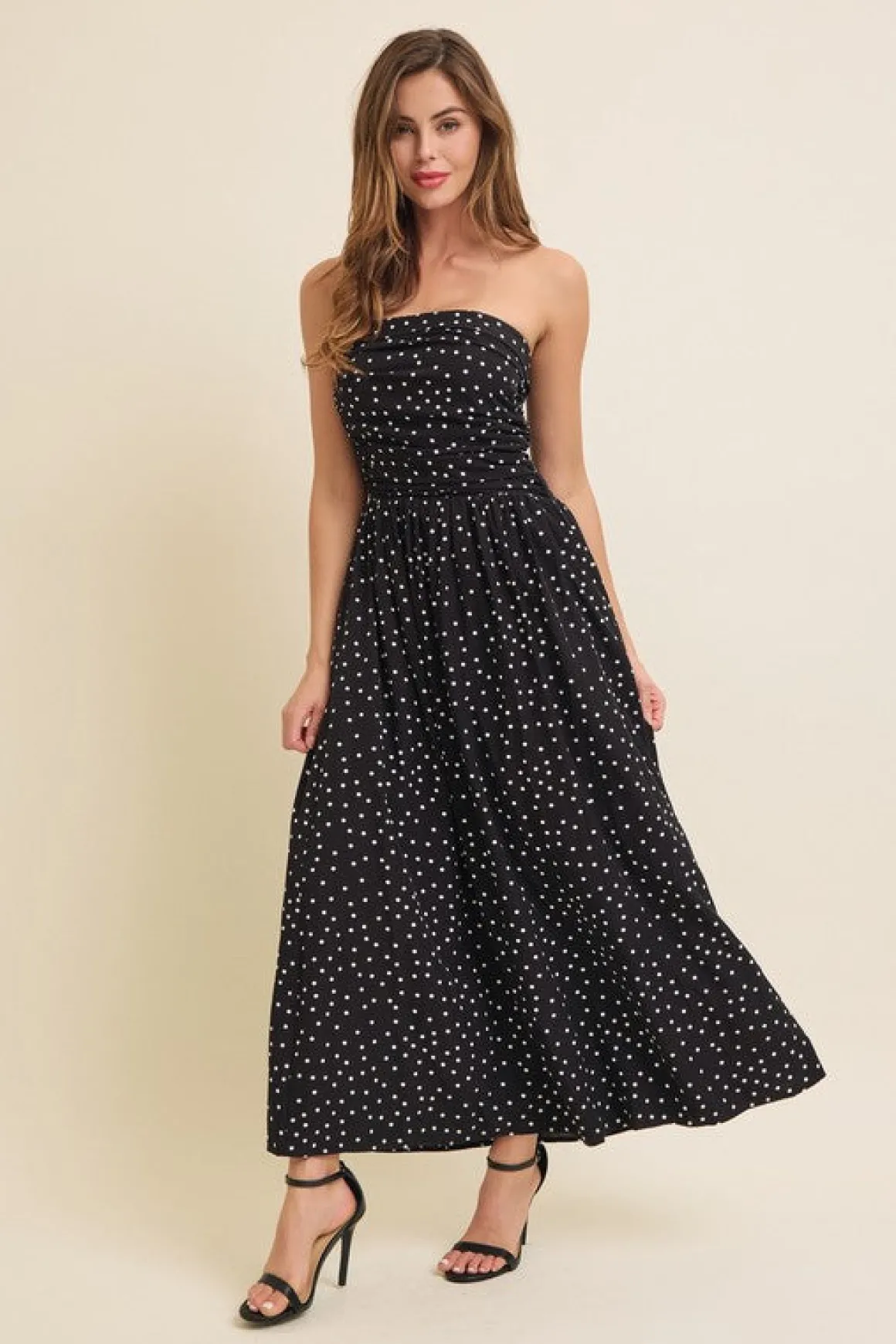 Darcy Sleeveless Ruched Polka Dot Print Maxi Dress Black