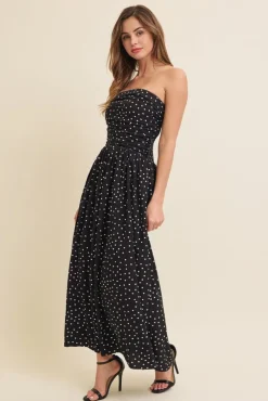 Darcy Sleeveless Ruched Polka Dot Print Maxi Dress Black