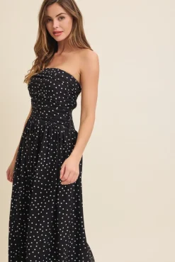 Darcy Sleeveless Ruched Polka Dot Print Maxi Dress Black