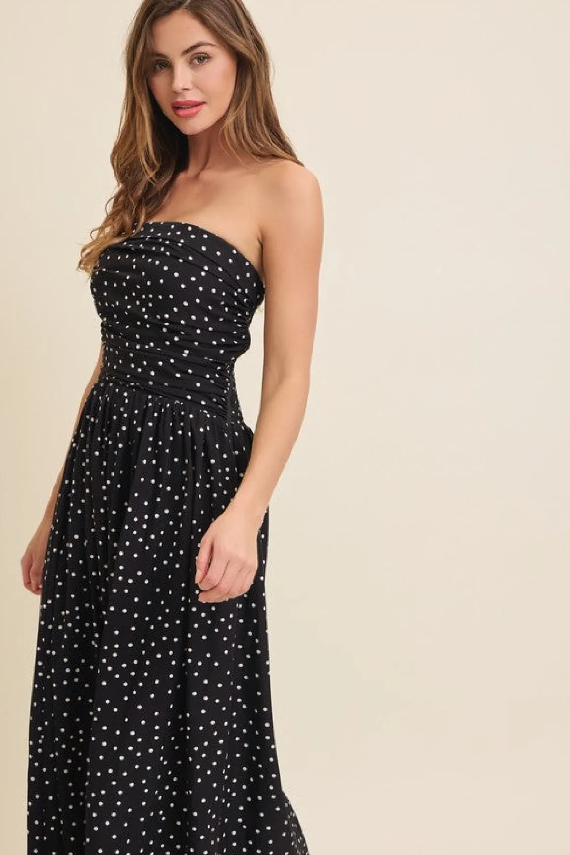 Darcy Sleeveless Ruched Polka Dot Print Maxi Dress Black