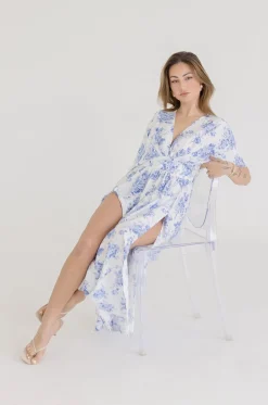 Debbie Kimono Sleeve Floral Print Maxi Dress Blue