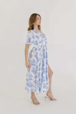 Debbie Kimono Sleeve Floral Print Maxi Dress Blue