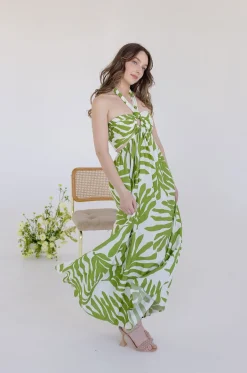Desiree Sleeveless Halter Cut Out Tropical Print Maxi Dress Green