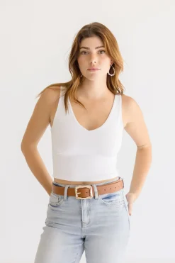 Diana Rectangle Metal Buckle Vegan Leather Belt Cognac