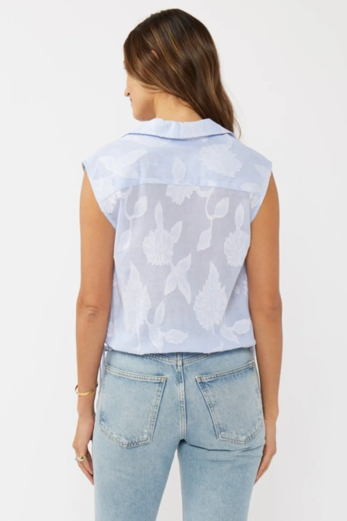 Drew Sleeveless Stripe Print Embroidered Drawstring Waist Top Blue