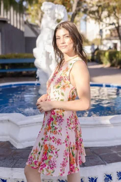 Eden Sleeveless Button Down Floral Print Mini Dress Peach