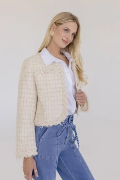 Elizabeth Long Sleeve Cropped Tweed Jacket Cream