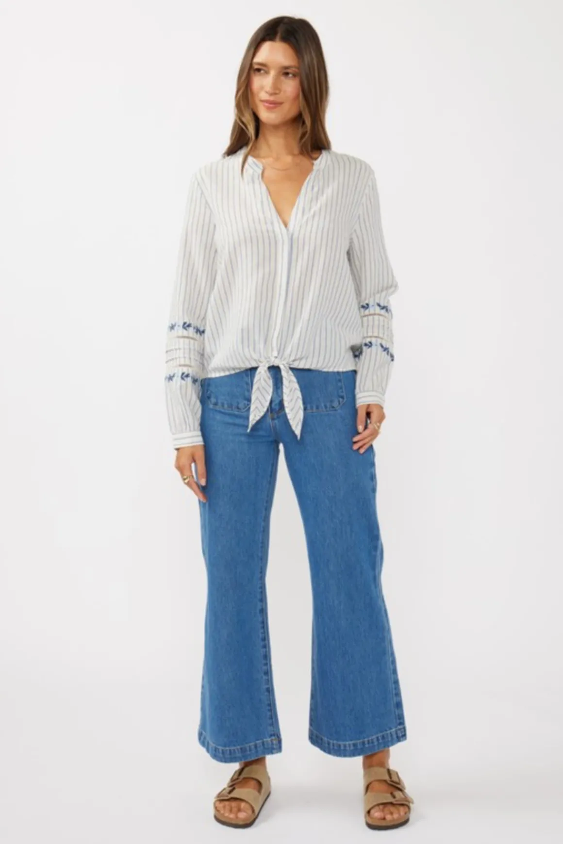 Elliott Long Sleeve Front Tie Stripe Print Top Blue