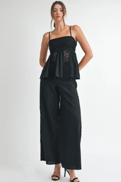 Emerson High Waist Crochet Wide Leg Linen Pants Black