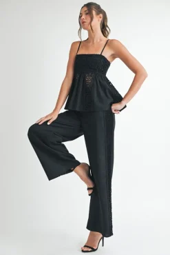 Emerson High Waist Crochet Wide Leg Linen Pants Black