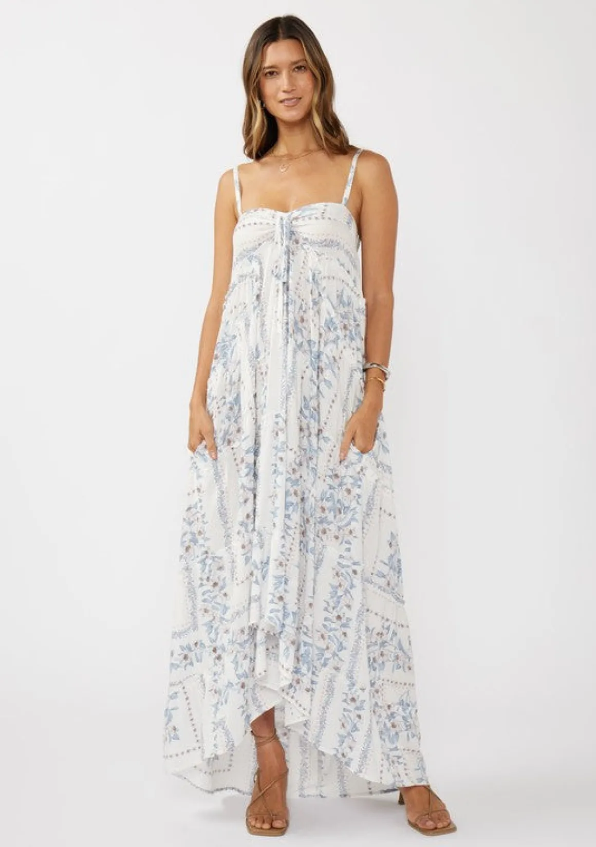 Emily Sleeveless Patchwork Floral Print Maxi Dress Cream