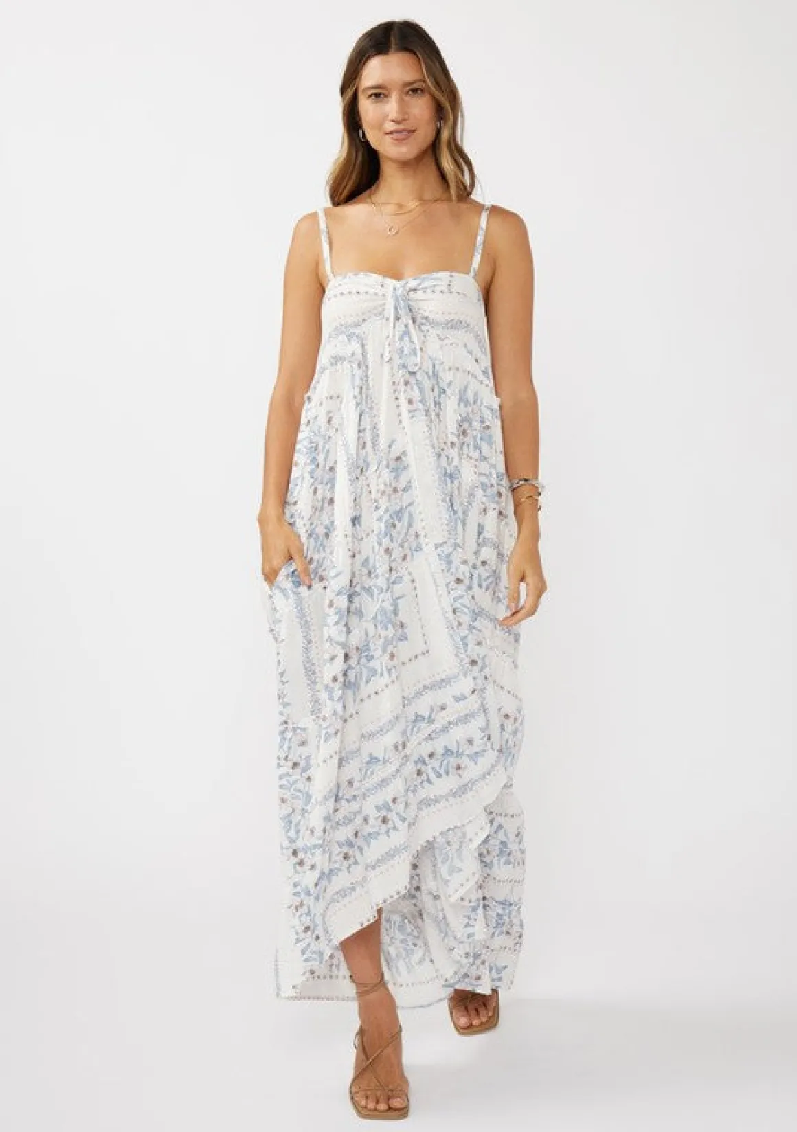 Emily Sleeveless Patchwork Floral Print Maxi Dress Cream