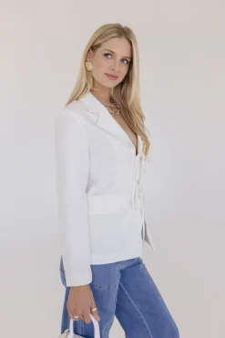 Estelle Long Sleeve Notched Lapel Front Tie Blazer White