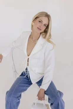 Estelle Long Sleeve Notched Lapel Front Tie Blazer White