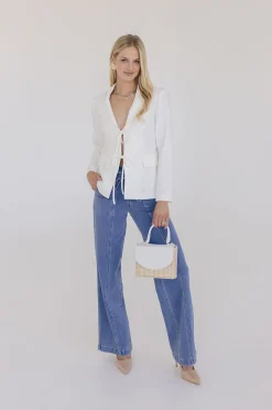Estelle Long Sleeve Notched Lapel Front Tie Blazer White