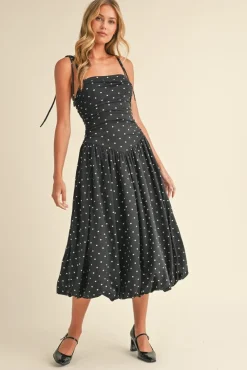 Everly Sleeveless Shoulder Tie Polka Dot Print Bubble Midi Dress Black